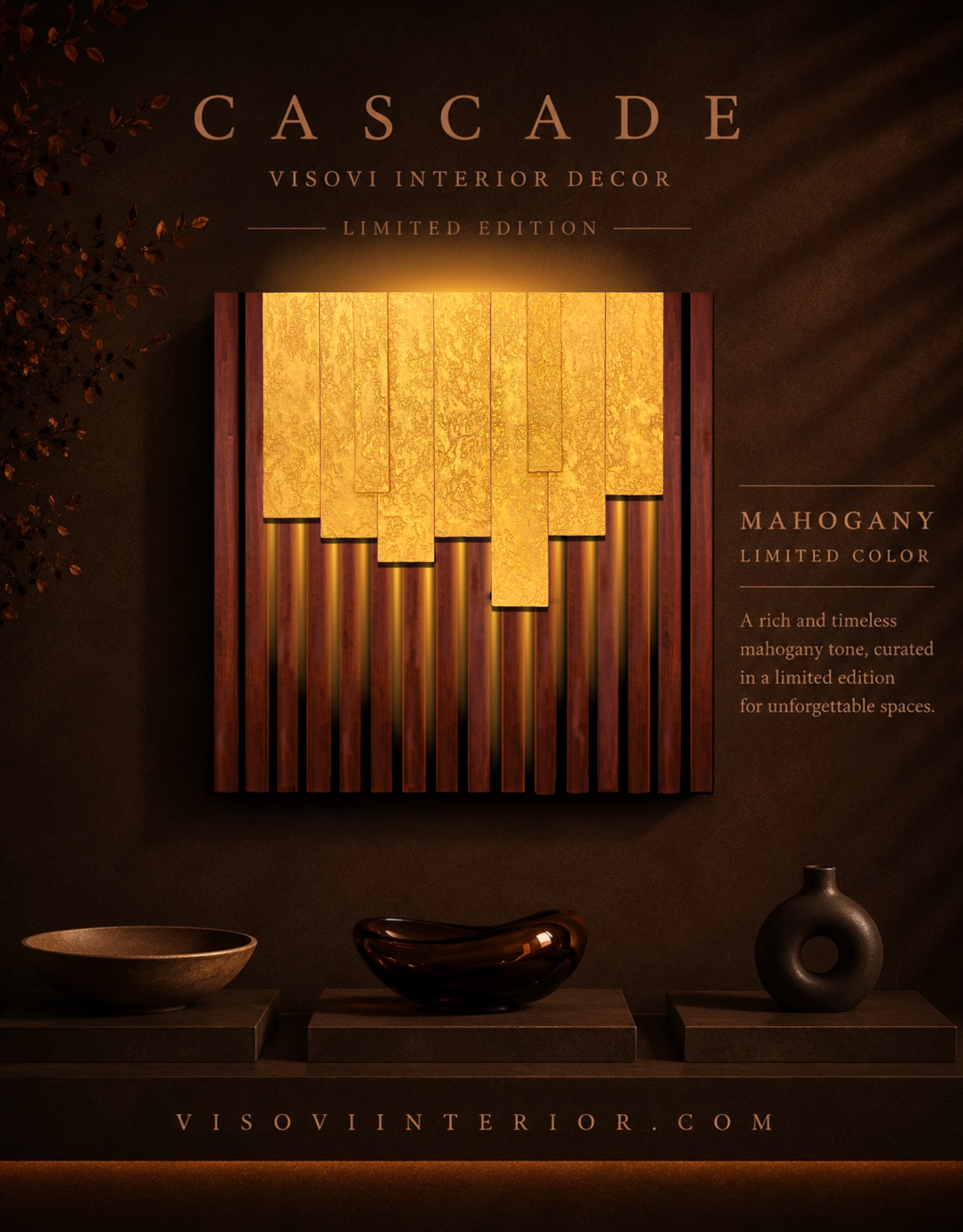 Cascade – Wood Wall Panel with Gold Relief – Mahogany