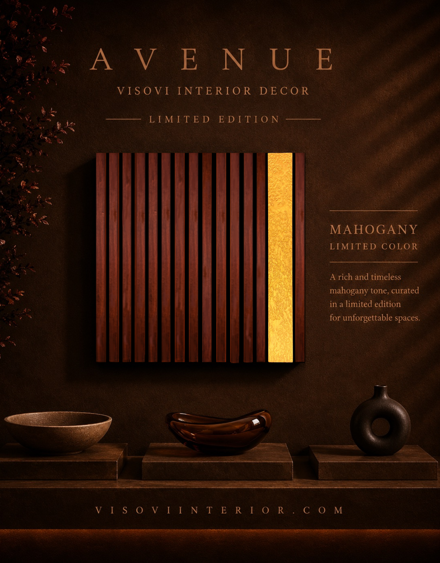 Avenue – Wood Wall Panel with Gold Relief – Mahogany