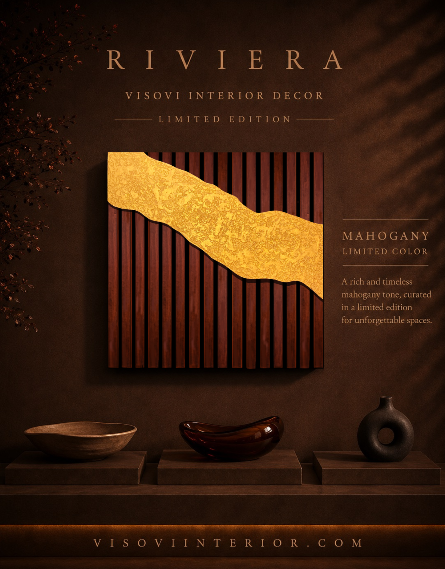 Riviera – Wood Wall Panel with Gold Relief – Mahogany