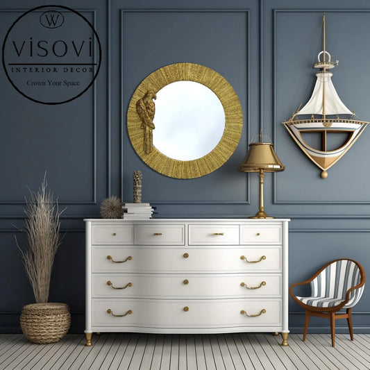 Luxury gold mirror with sculptural parrot accent for interiors, hotels and boutique spaces