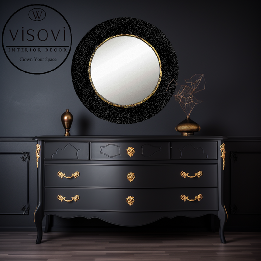 Round black wall mirror OMELIA with shimmering finish and gold accent