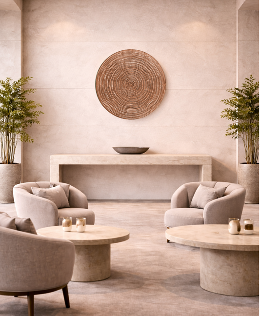 Spiral wall panel highlighting warm rose texture with metallic gold tones