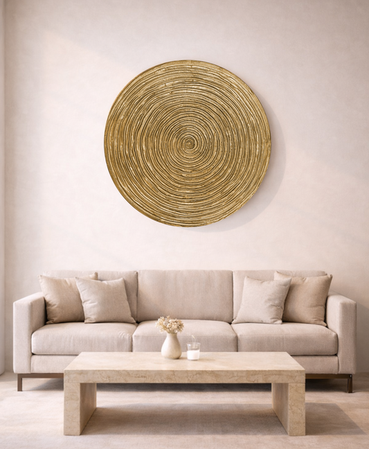 Spiral wall panel highlighting warm rosewood texture and metallic gold surface