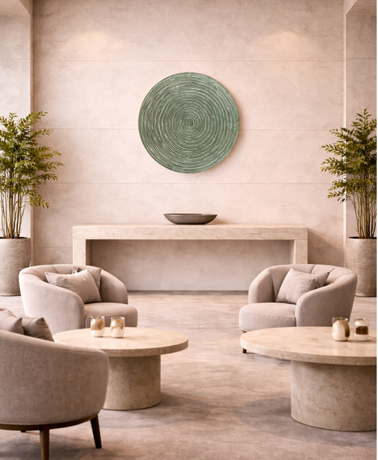 Spiral wall panel highlighting sage pearl texture with warm gold reflections