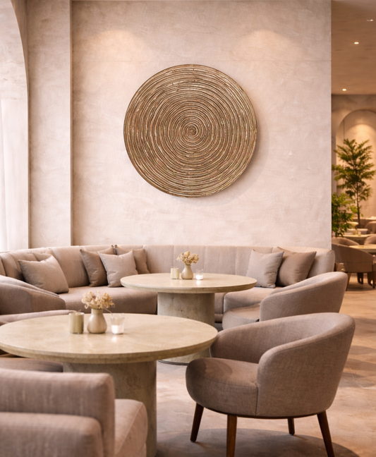 Spiral wall panel highlighting warm copper texture with metallic gold tones