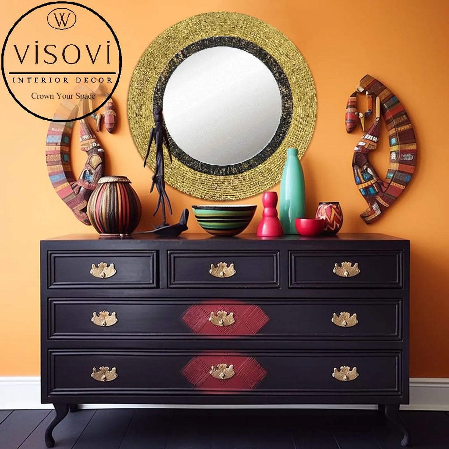 Decorative black and gold round mirror for interiors, hotels and commercial spaces