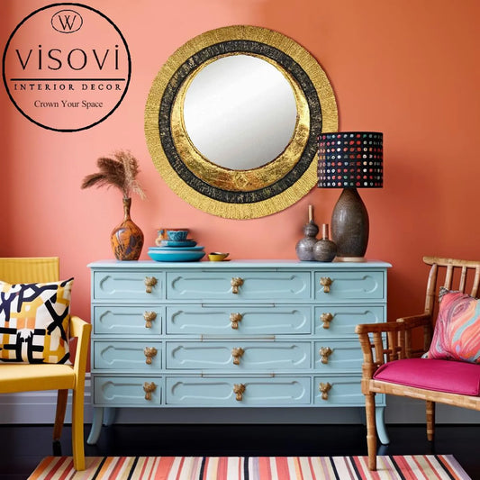Decorative black and gold round mirror for interiors, hotels and commercial spaces