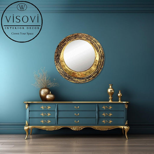 Decorative black and gold round wall mirror for interiors, hotels and commercial spaces