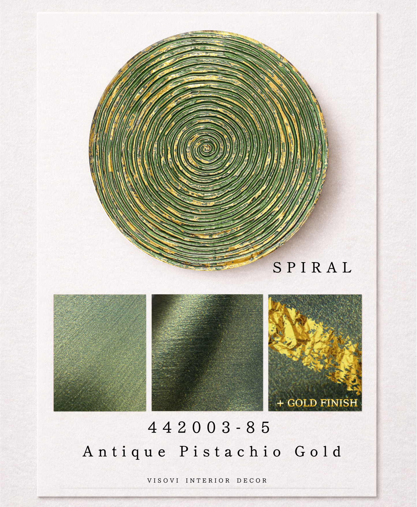 Detailed view of pistachio spiral wall panel highlighting textured surface and metallic gold leaf accents