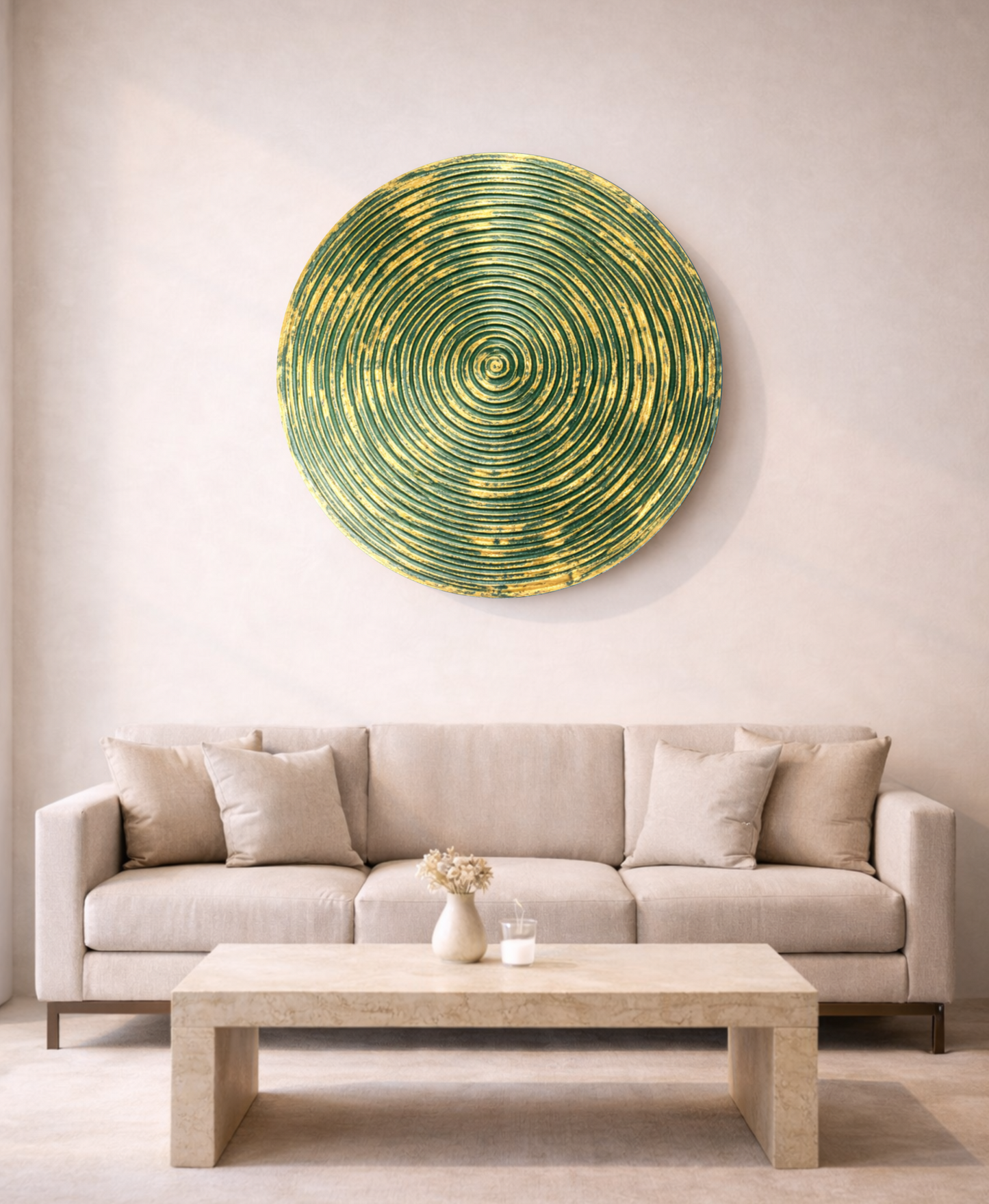 Round spiral wall art panel in green and gold displayed in modern interior