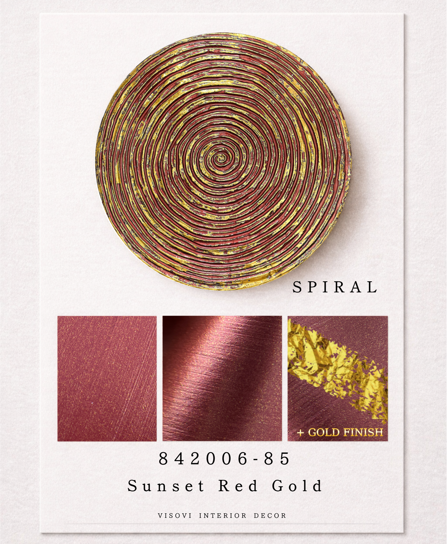 Detailed view of red spiral wall panel highlighting textured surface and metallic gold leaf accents