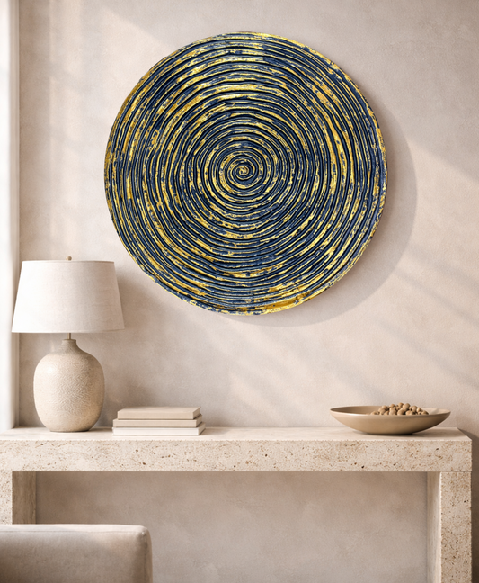 Decorative blue and gold spiral wall panel for modern interiors, hotels and commercial spaces