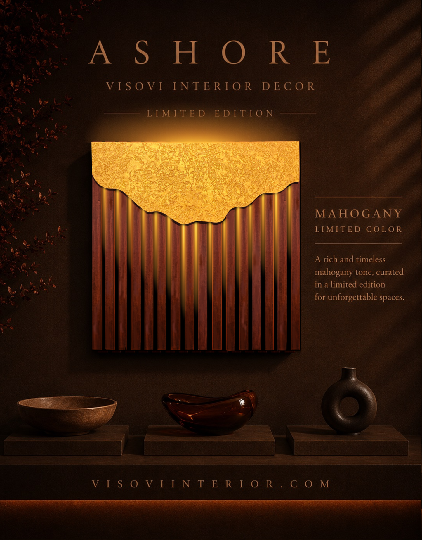 Ashore – Wood Wall Panel with Gold Relief – Mahogany