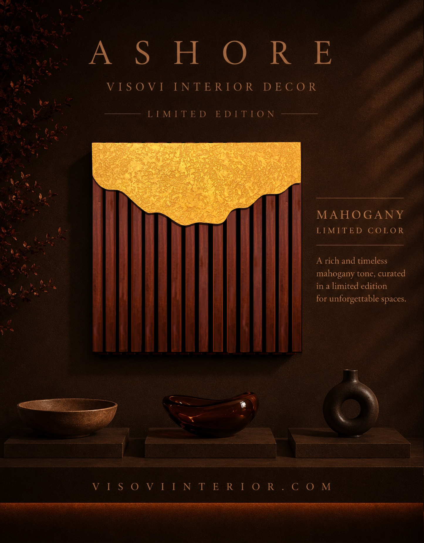 Ashore – Wood Wall Panel with Gold Relief – Mahogany