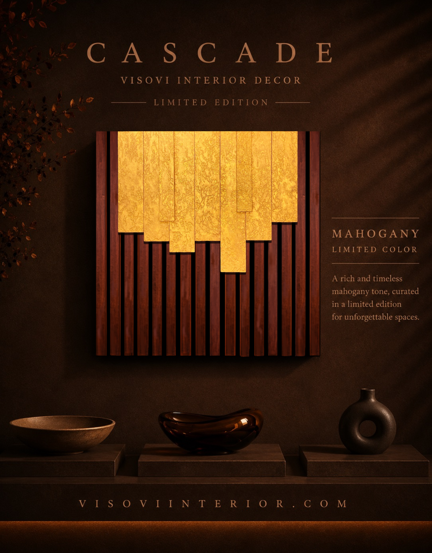 Cascade – Wood Wall Panel with Gold Relief – Mahogany