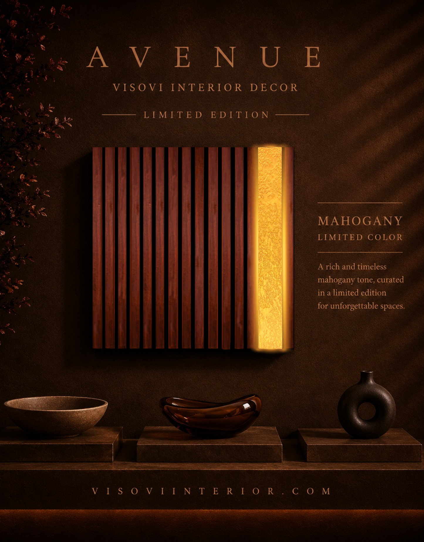 Avenue – Wood Wall Panel with Gold Relief – Mahogany