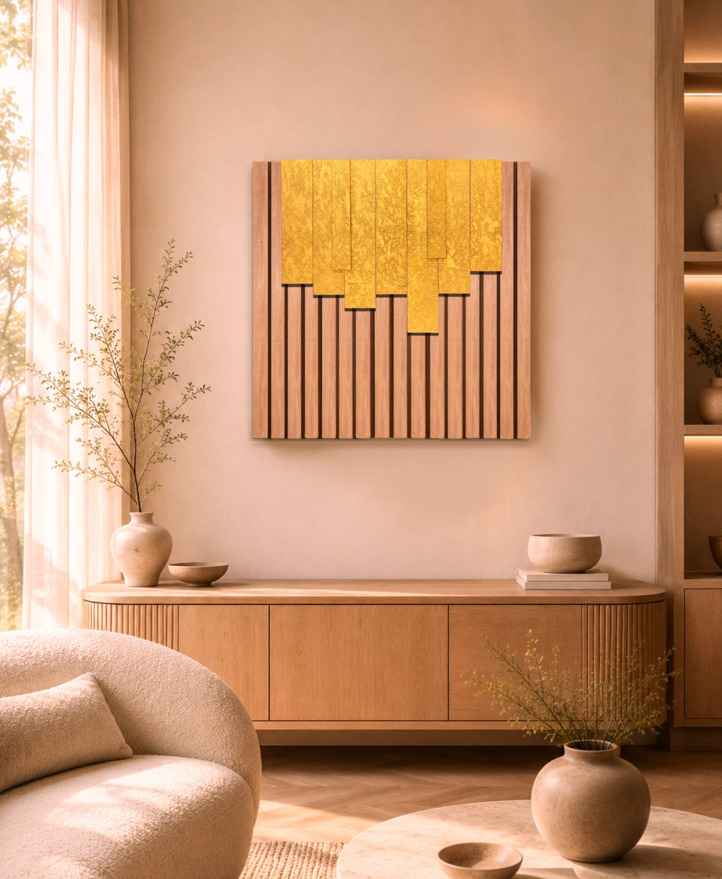 Cascade – Wood Wall Panel with Gold Relief – Natural