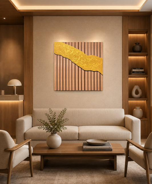 Riviera – Wood Wall Panel with Gold Relief – Natural