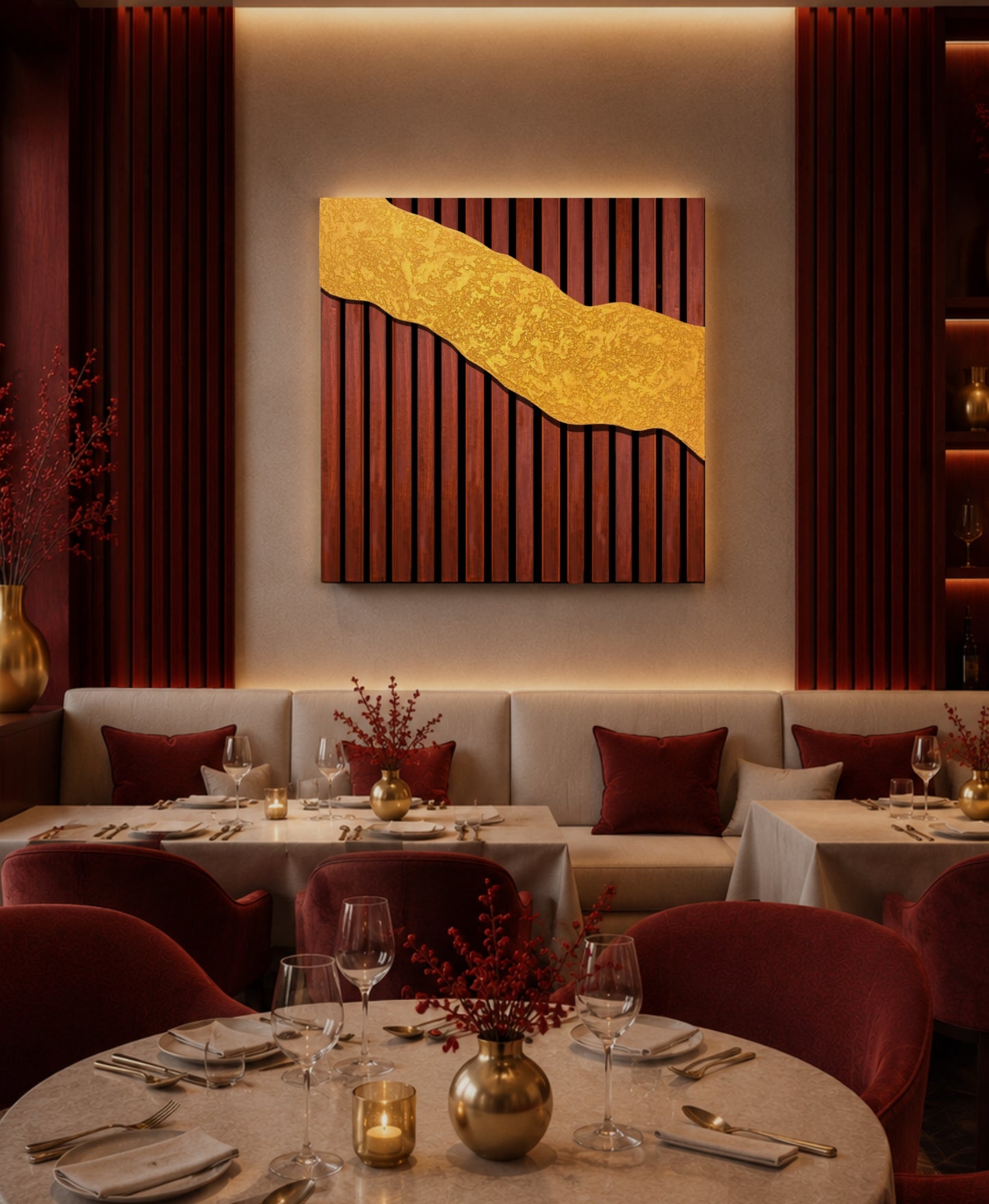 Riviera – Wood Wall Panel with Gold Relief – Mahogany