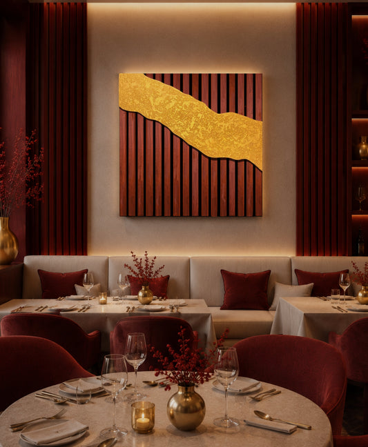 Riviera – Wood Wall Panel with Gold Relief – Mahogany