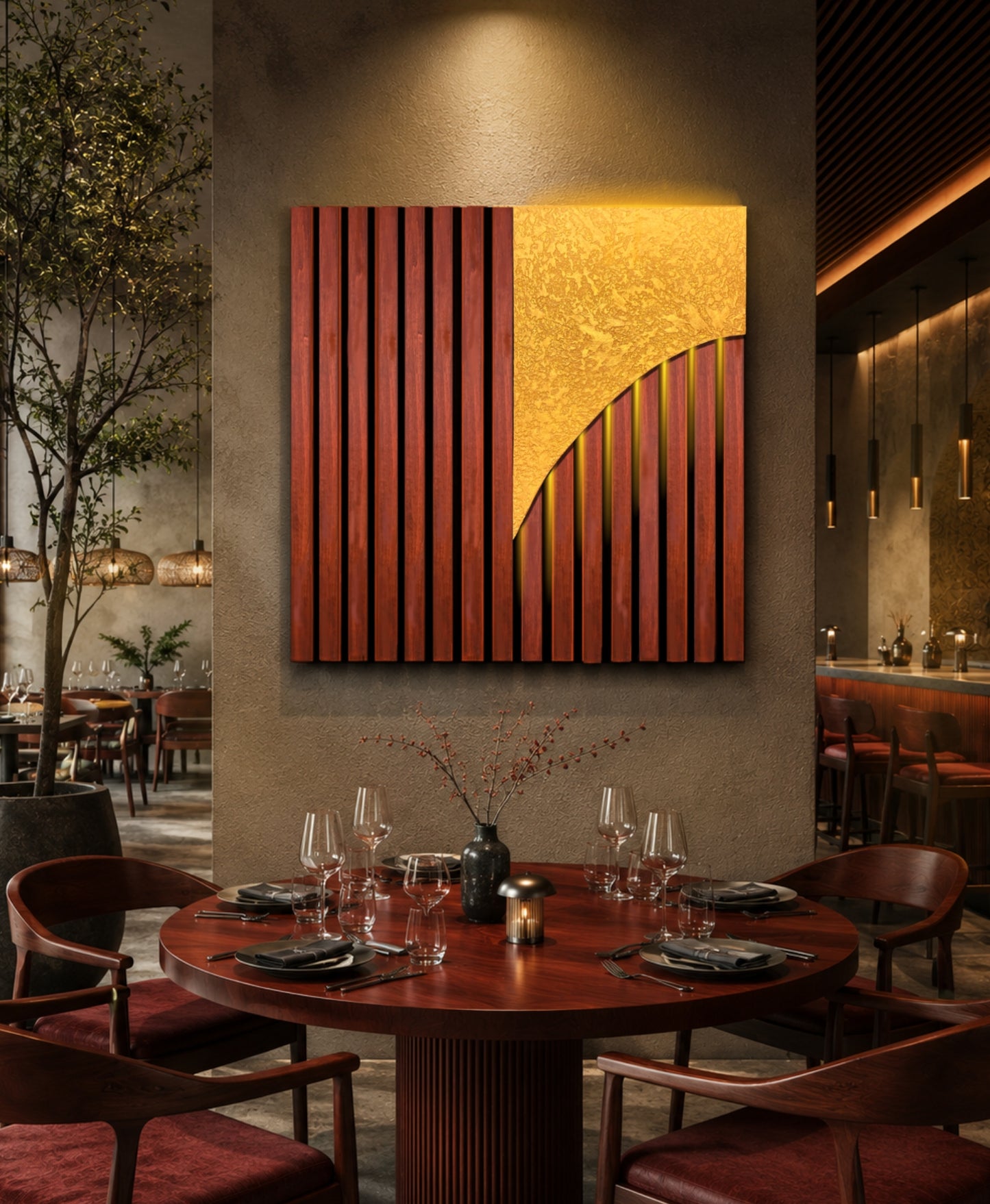 Sanset – Wood Wall Panel with Gold Relief – Mahogany
