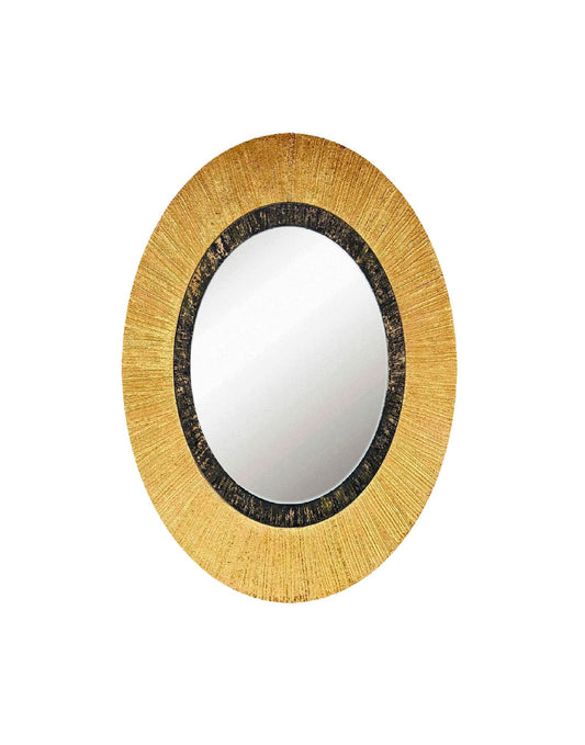 Designer gold oval mirror with relief frame — luxury statement piece for hotels and premium interiors.