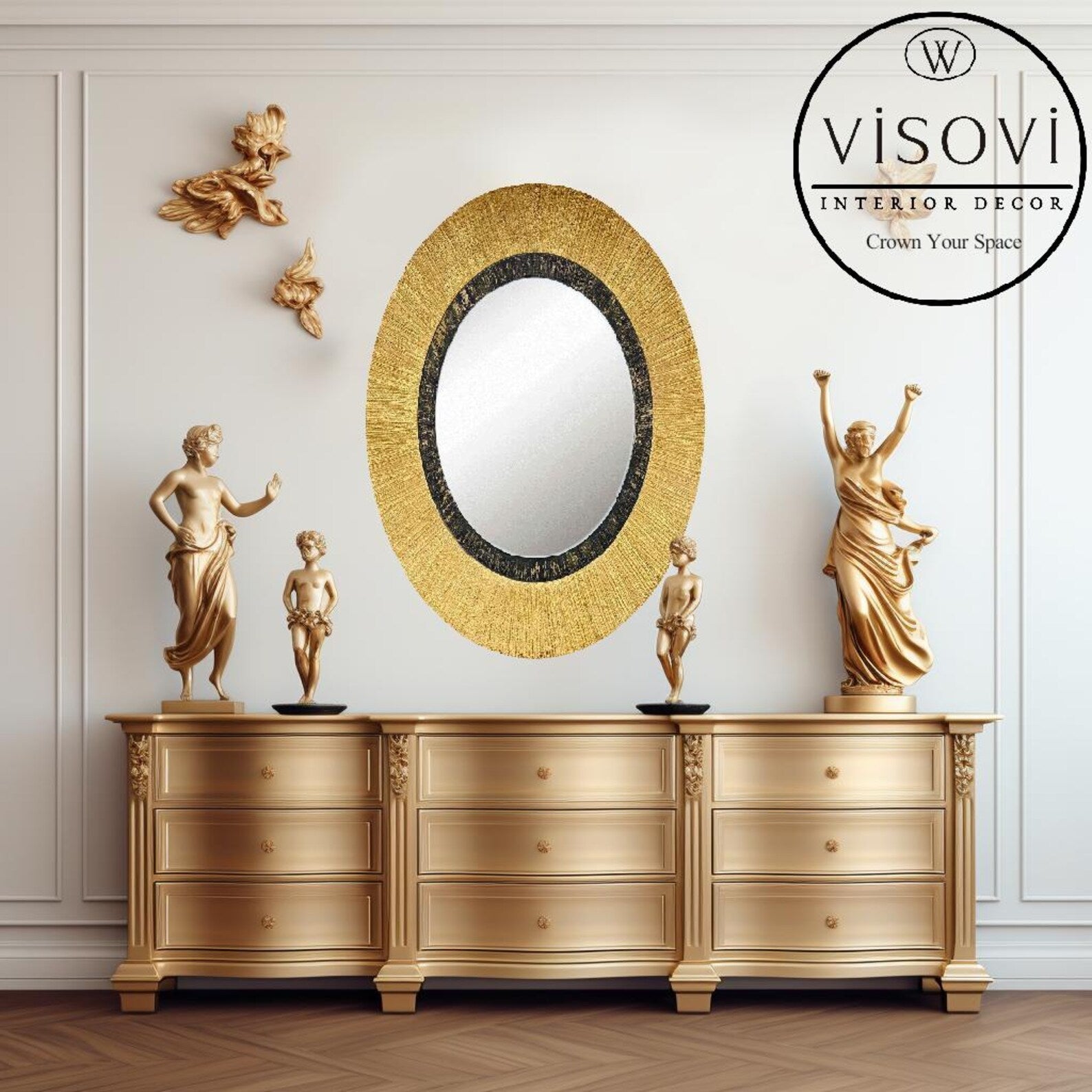 Designer gold oval mirror in interior — relief frame adds depth and a premium focal point to the space.