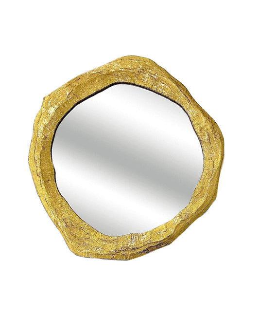 Round asymmetrical gold wall mirror LUA with sculptural form