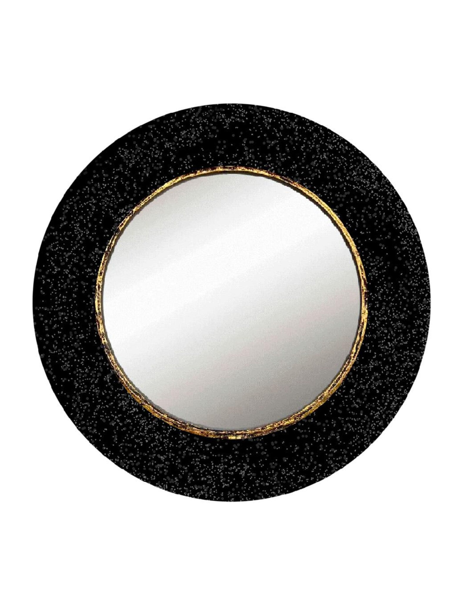 Decorative black round mirror with gold detail for interiors, hotels and commercial spaces