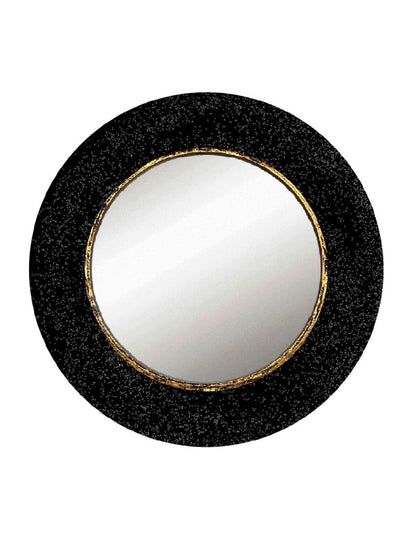 Decorative black round mirror with gold detail for interiors, hotels and commercial spaces