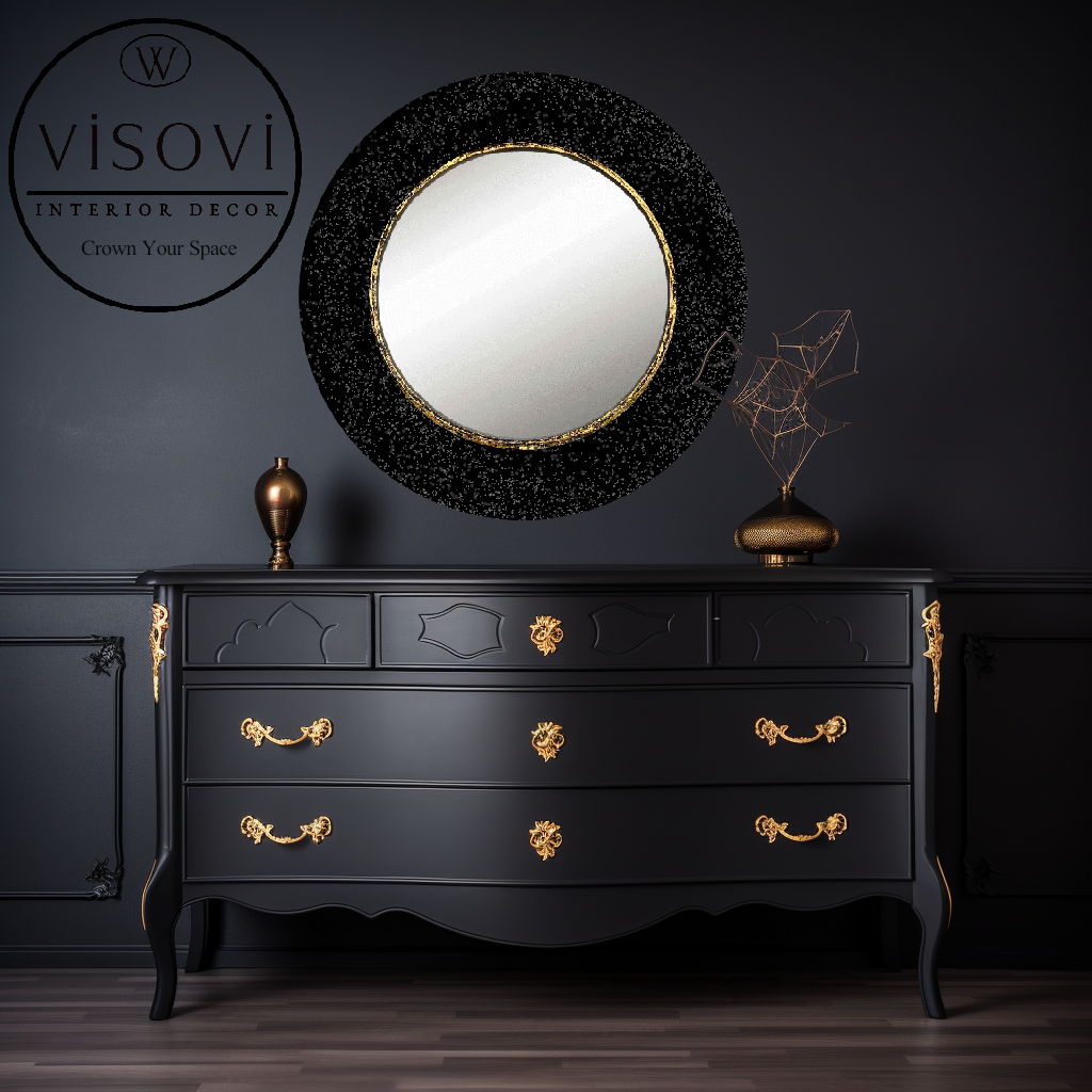 Round black wall mirror OMELIA with shimmering finish and gold accent