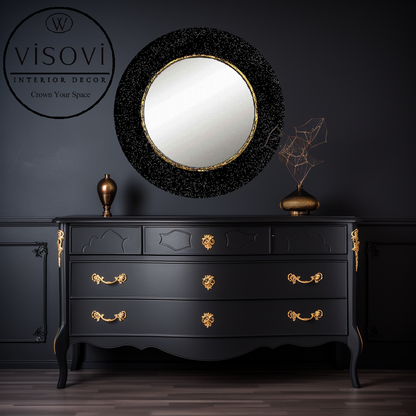 Round black wall mirror OMELIA with shimmering finish and gold accent