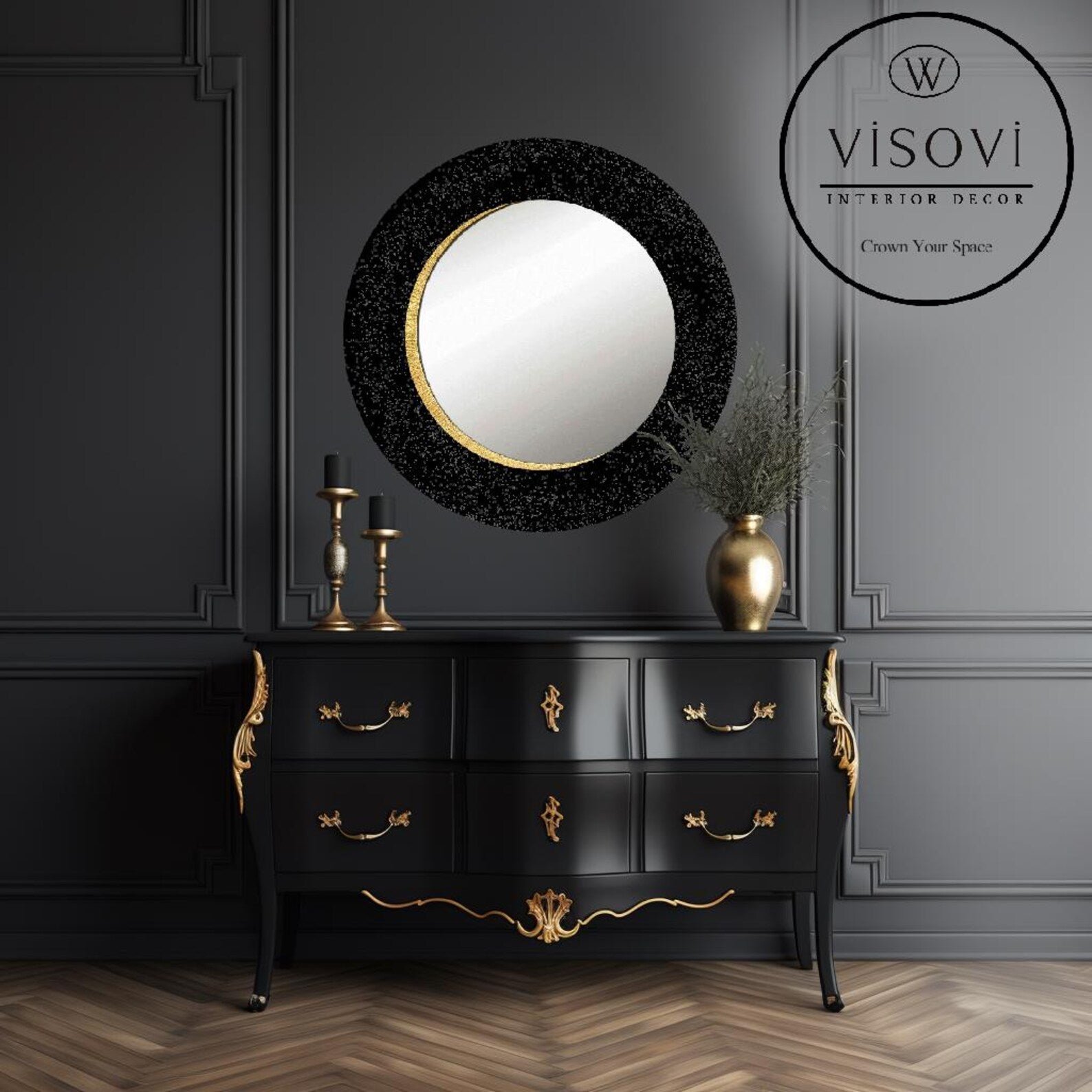 Round black wall mirror ONULI with shimmering finish and gold accent