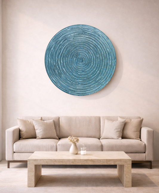 Spiral wall panel highlighting blue sheen texture with warm gold reflections