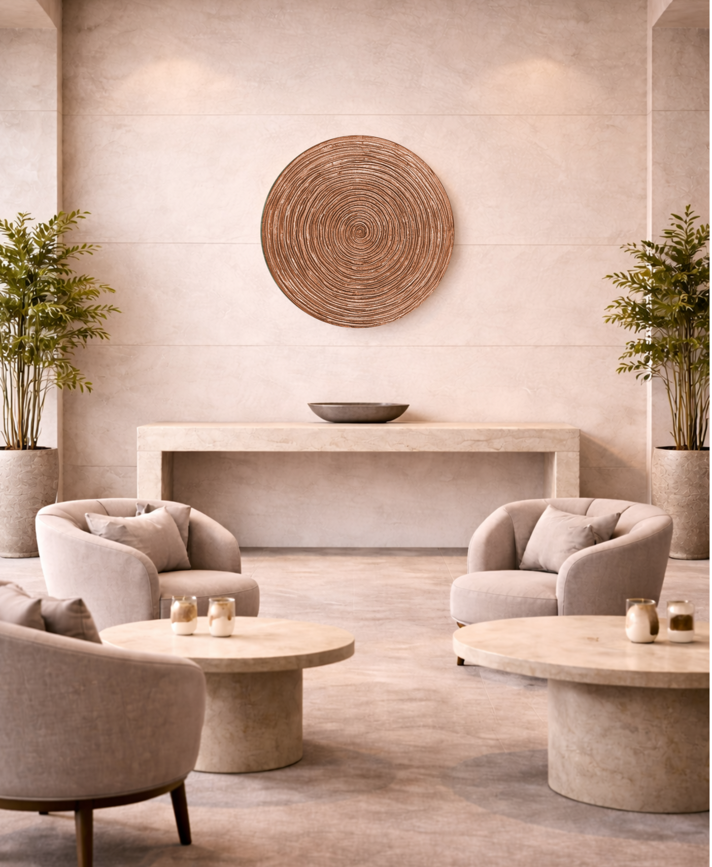 Spiral wall panel highlighting warm rose texture with metallic gold tones