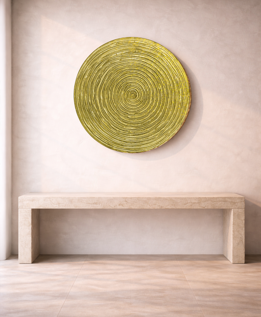 Spiral wall panel highlighting chartreuse texture with warm metallic gold tones