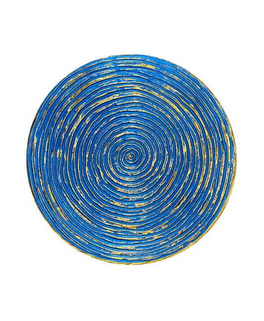 Round textured 3D spiral wall panel in prime blue with gold leaf finish
