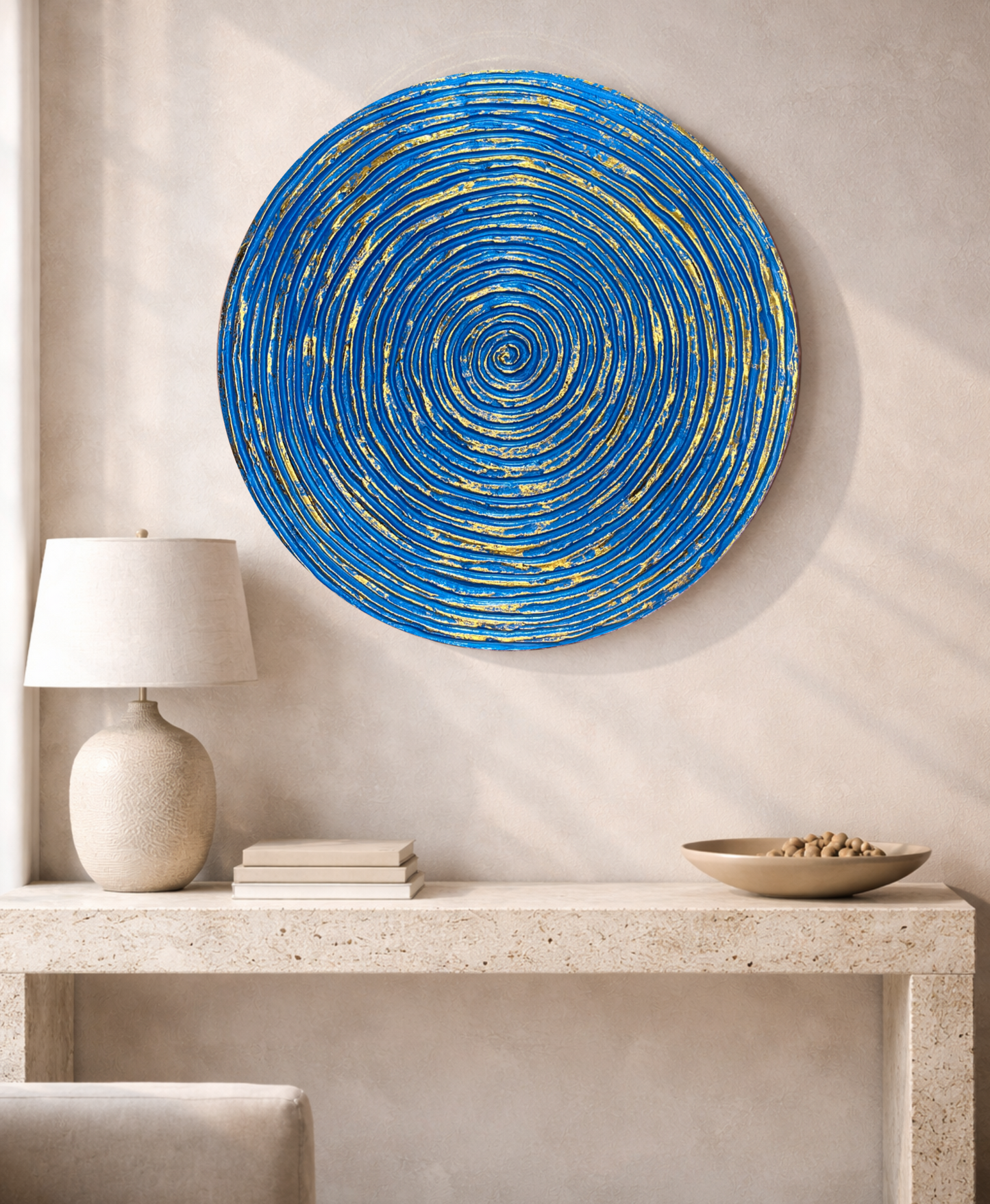 Decorative blue and gold spiral wall decor panel for modern interiors