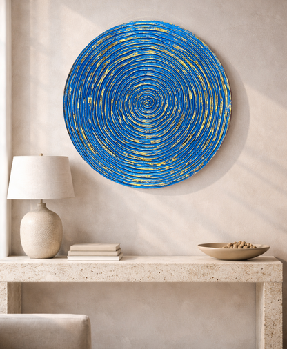 Decorative blue and gold spiral wall decor panel for modern interiors