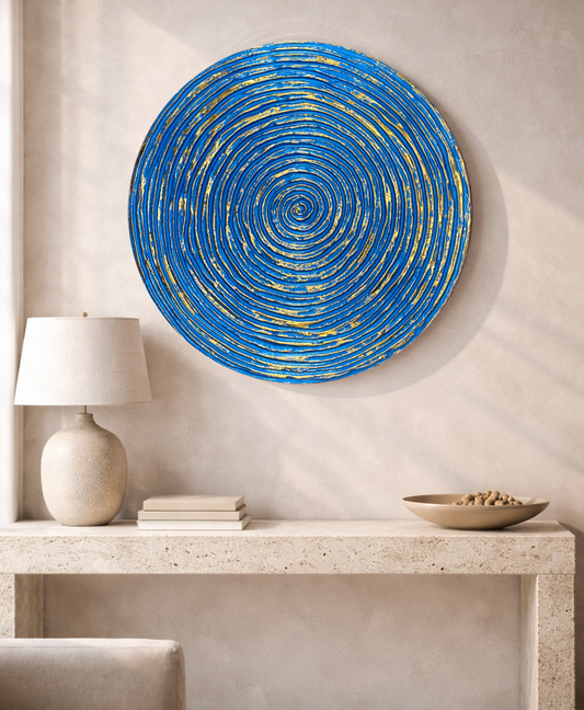 Decorative blue and gold spiral wall decor panel for modern interiors