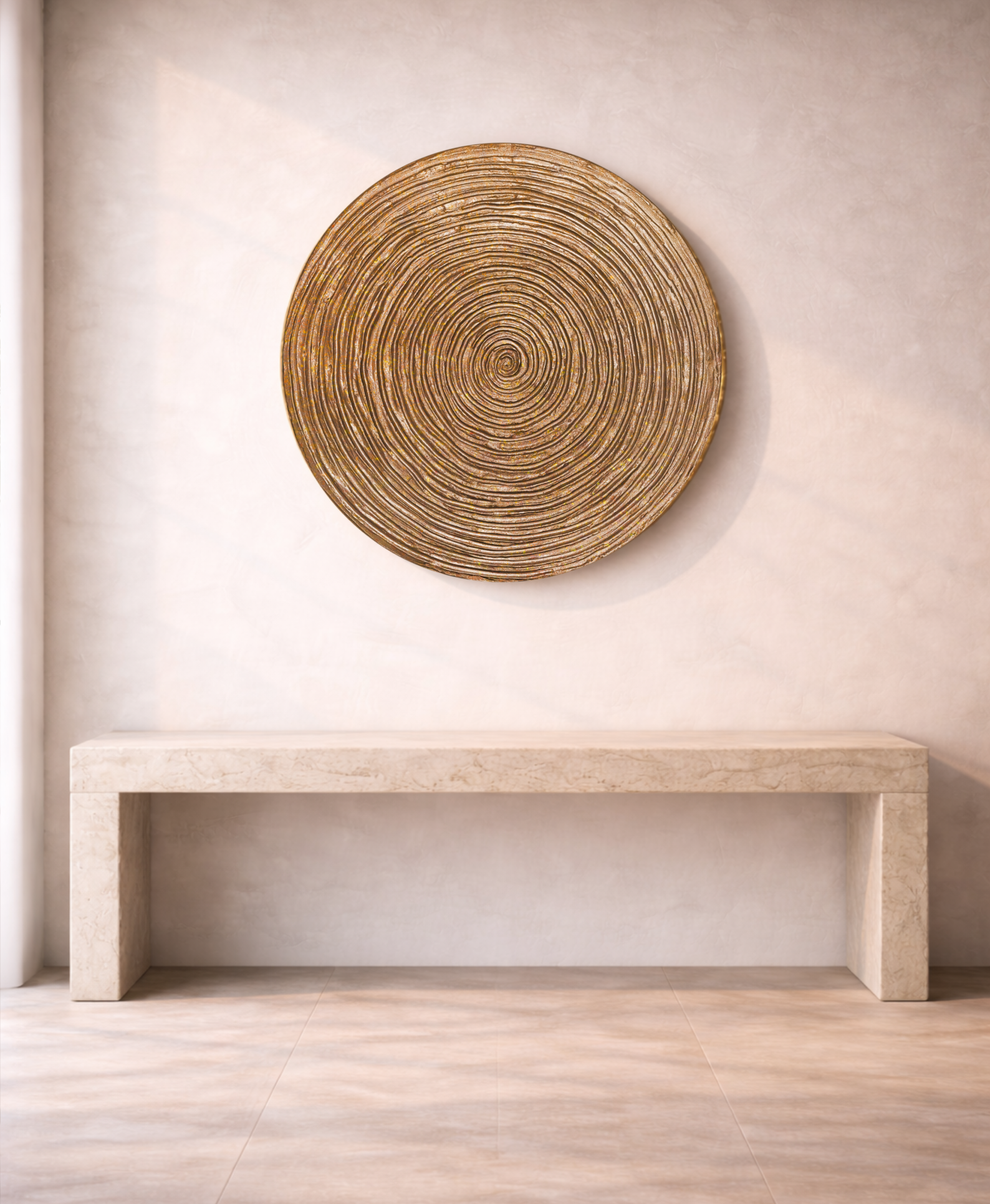 Spiral wall panel highlighting soft peach pearl texture with warm gold reflections