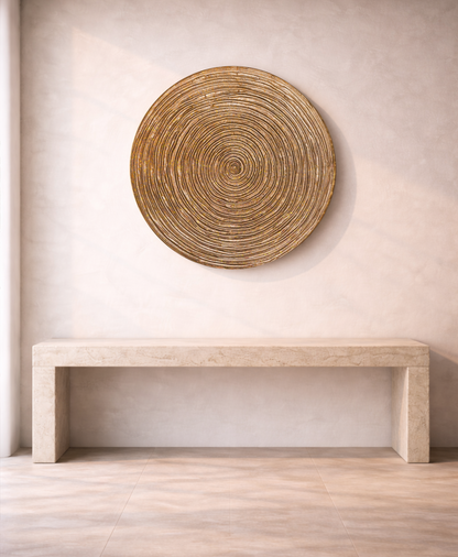 Spiral wall panel highlighting soft peach pearl texture with warm gold reflections