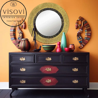 Decorative black and gold round mirror for interiors, hotels and commercial spaces
