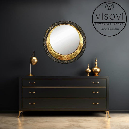 Decorative black and gold round mirror for interiors, hotels and commercial spaces