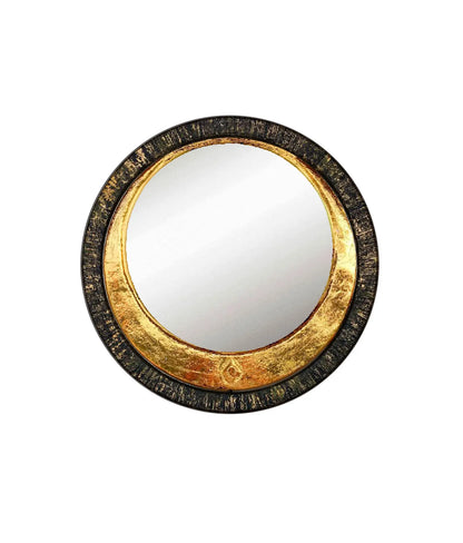 Round wall mirror ZAMIRA in black with gold leaf detailing