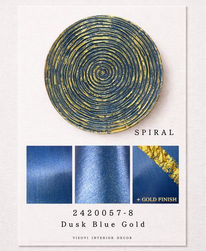 Detailed view of dusk blue spiral wall panel highlighting textured surface and metallic gold leaf accents
