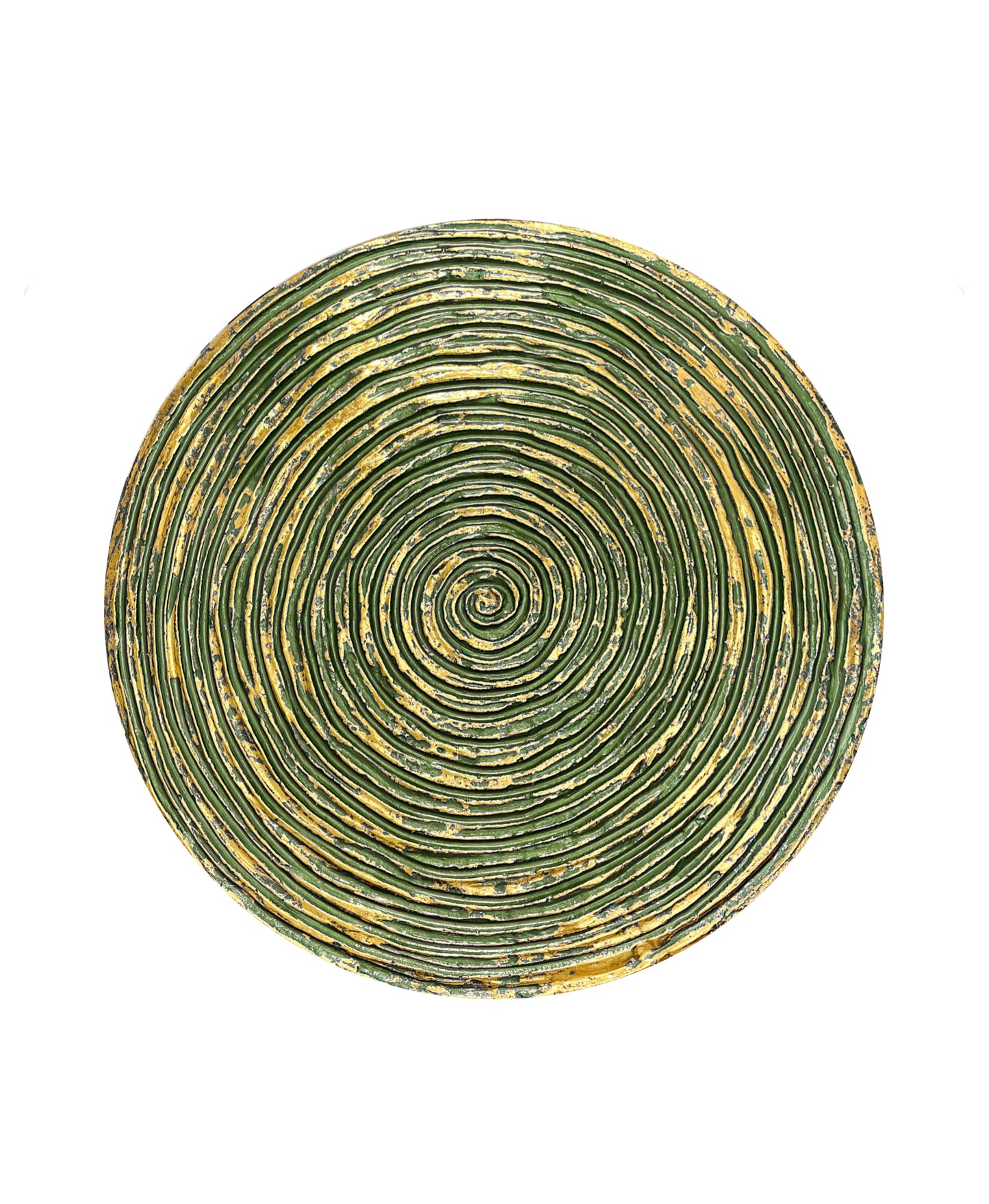Round textured 3D spiral wall panel in antique pistachio with gold leaf finish
