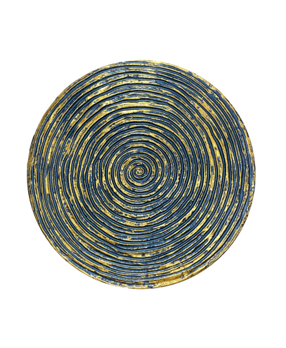 Round textured 3D spiral wall panel in dusk blue with gold leaf finish
