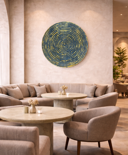 Decorative spiral wall decor panel in blue and gold for interiors, hotels and commercial spaces
