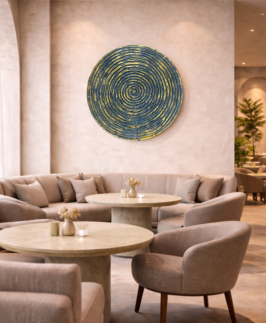 Decorative spiral wall decor panel in blue and gold for interiors, hotels and commercial spaces
